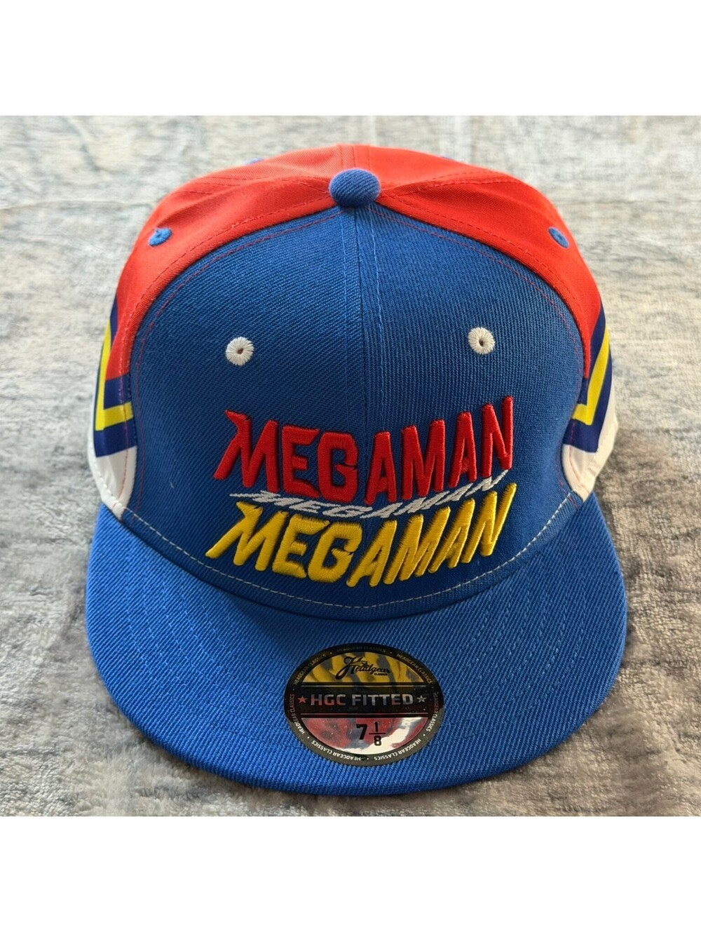 Headgear Classics Mega Man Fitted Hat 7 1/8 Red Blue Yellow Zigzag Men's Cap